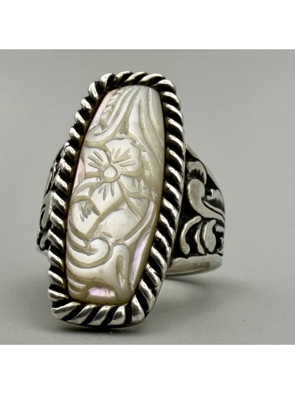 Carolyn Pollack Relios Floral Carved Mother Of Pearl Sterling Silver Ring Size 7